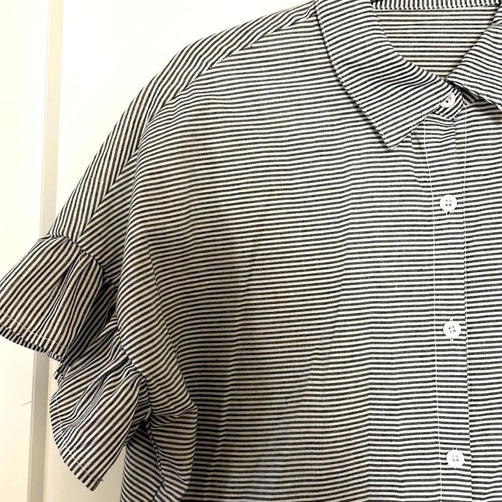 SHEIN Blue and White Stripped Button Up Blouse